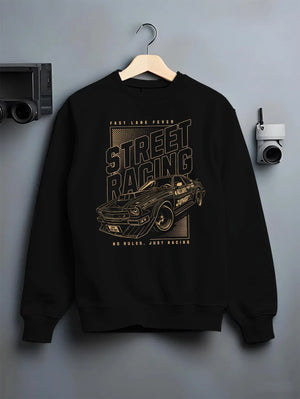 Black crewneck sweatshirt on a hanger against a grey wall, featuring rs racing motorsport tuner street retro performance graphic.