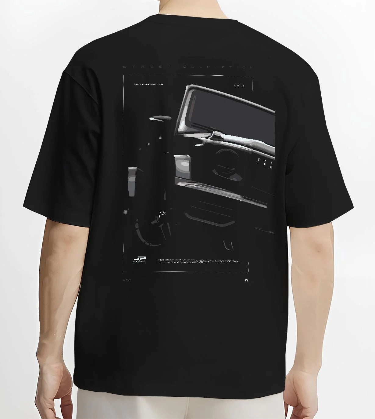 Black T-shirt worn by a male model, back view, featuring Mercedes-Benz AMG rs racing street performance motorsport graphic.