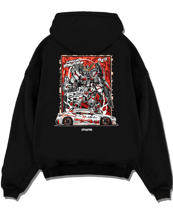 Black pullover hoodie laid flat on a white background, featuring racing drift jdm japanese street performance motorsport graphic.