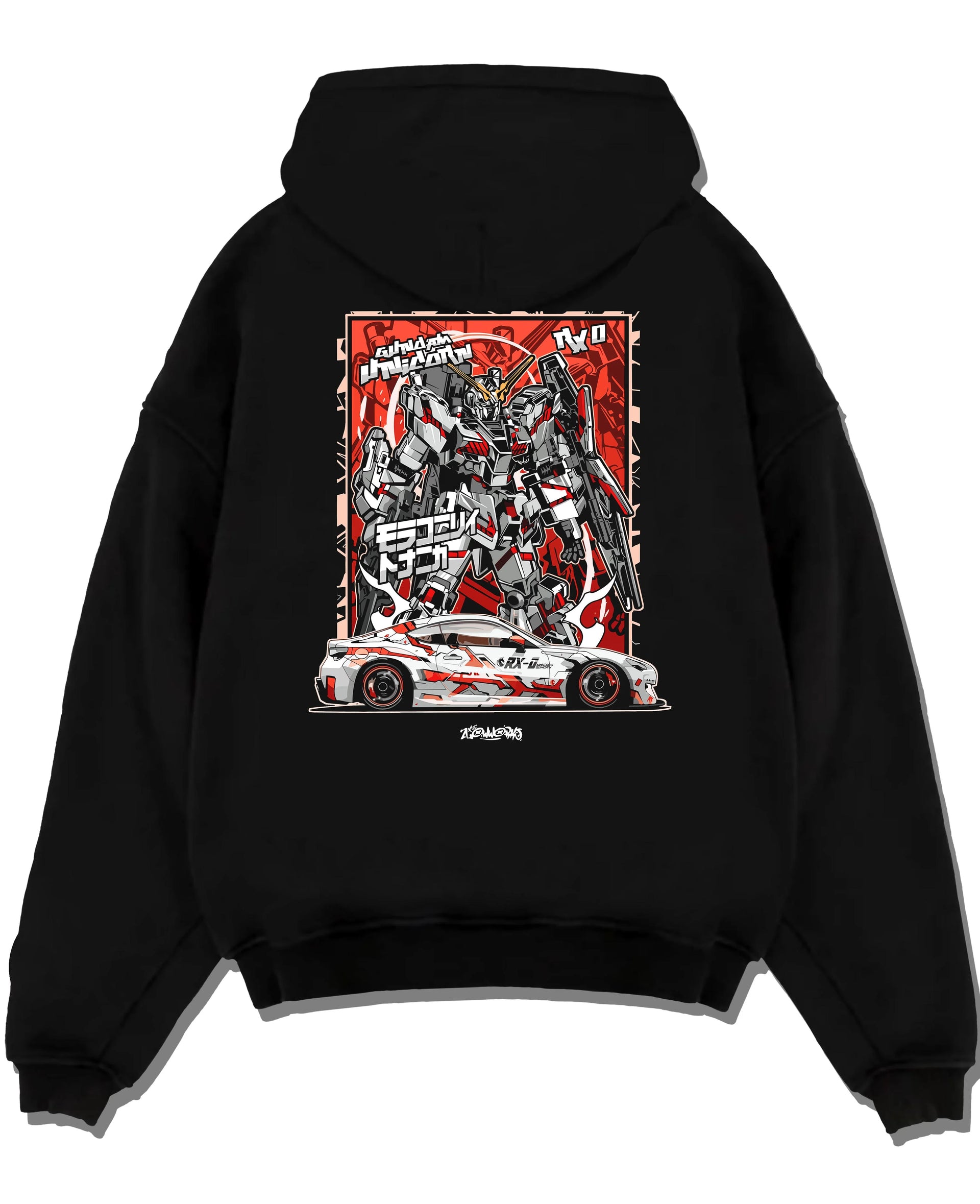 Black pullover hoodie laid flat on a white background, featuring racing drift jdm japanese street performance motorsport graphic.