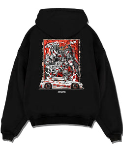 Black pullover hoodie laid flat on a white background, featuring racing drift jdm japanese street performance motorsport graphic.