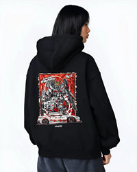 Black hoodie worn by a female model, back view, featuring racing drift jdm japanese street performance motorsport graphic.