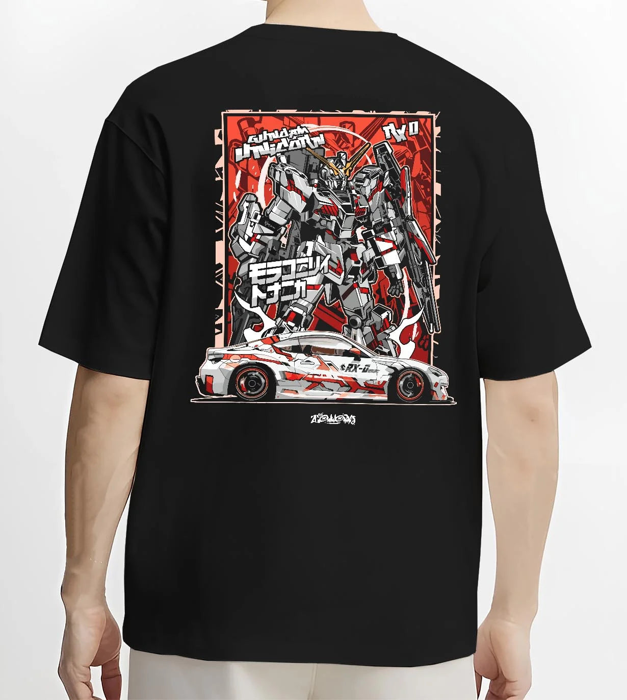 Black T-shirt worn by a male model, back view, featuring racing drift jdm japanese street performance motorsport automotive graphic.