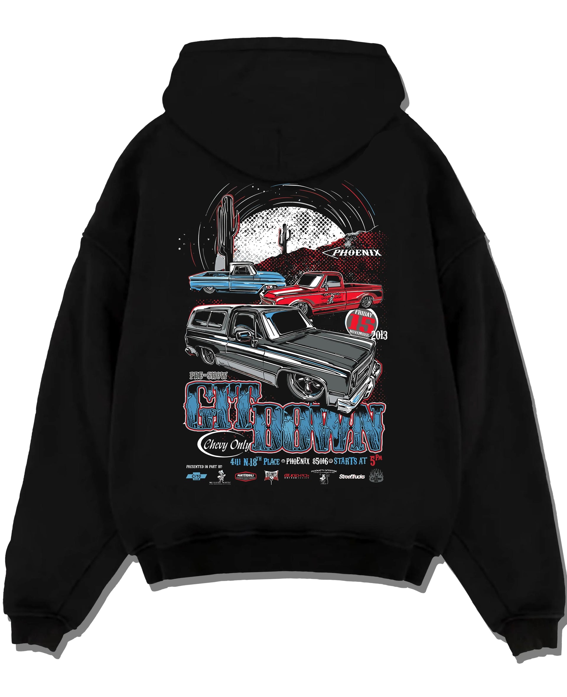 Black pullover hoodie laid flat on a white background, featuring Chevrolet retro vintage classic enthusiast show racing graphic.