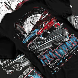 Black T-shirt laid flat with natural fabric folds, featuring Chevrolet retro vintage classic enthusiast show racing street graphic.
