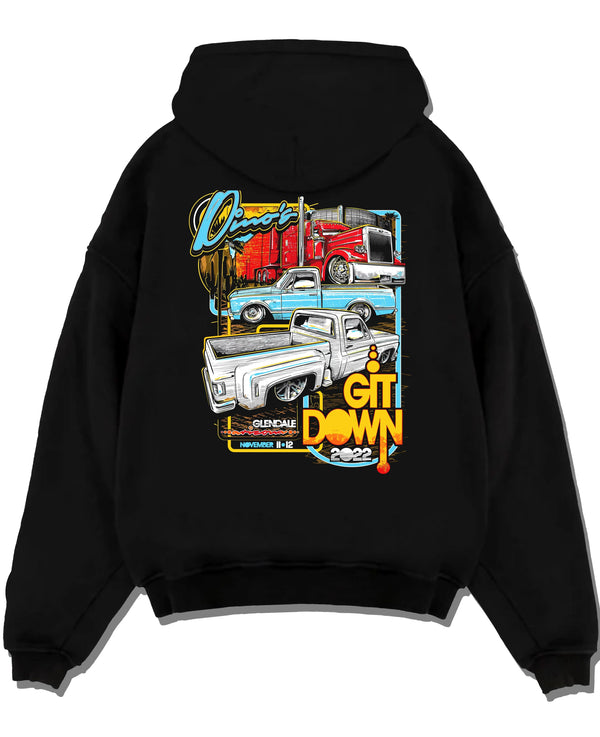 Black pullover hoodie laid flat on a white background, featuring street retro classic show racing performance motorsport graphic.