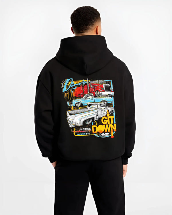 Black hoodie worn by a male model, back view, featuring street retro classic show racing performance motorsport automotive graphic.