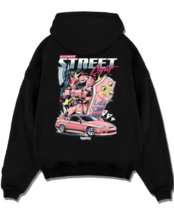 Black pullover hoodie laid flat on a white background, featuring rs nos retro vintage enthusiast racing street performance graphic.