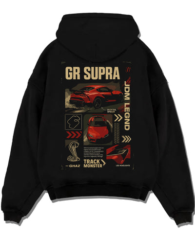 Black pullover hoodie laid flat on a white background, featuring SUPRA turbo turbocharged racing drift jdm japanese tuner graphic.