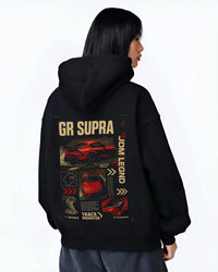 Black hoodie worn by a female model, back view, featuring SUPRA turbo turbocharged racing drift jdm japanese tuner street graphic.