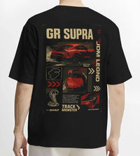 Black T-shirt worn by a male model, back view, featuring SUPRA turbo turbocharged racing drift jdm japanese tuner street graphic.