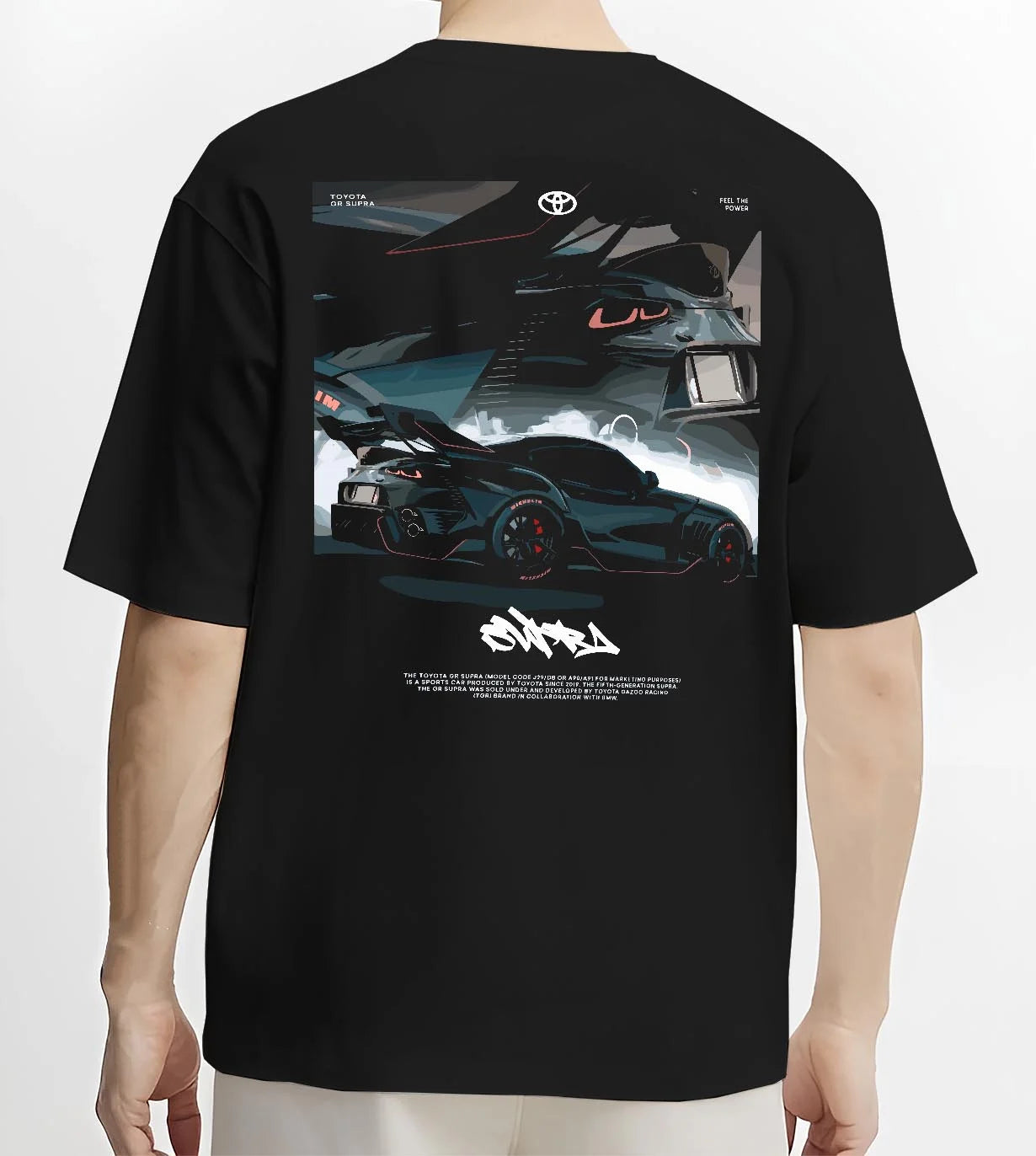 Black T-shirt worn by a male model, back view, featuring Toyota Supra turbo turbocharged racing drift jdm japanese tuner graphic.