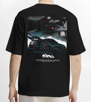 Black T-shirt worn by a male model, back view, featuring Toyota Supra turbo turbocharged racing drift jdm japanese tuner graphic.