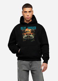 Black hoodie worn by a male model, front view, featuring MUSTANG gt3 muscle street retro classic enthusiast racing graphic.