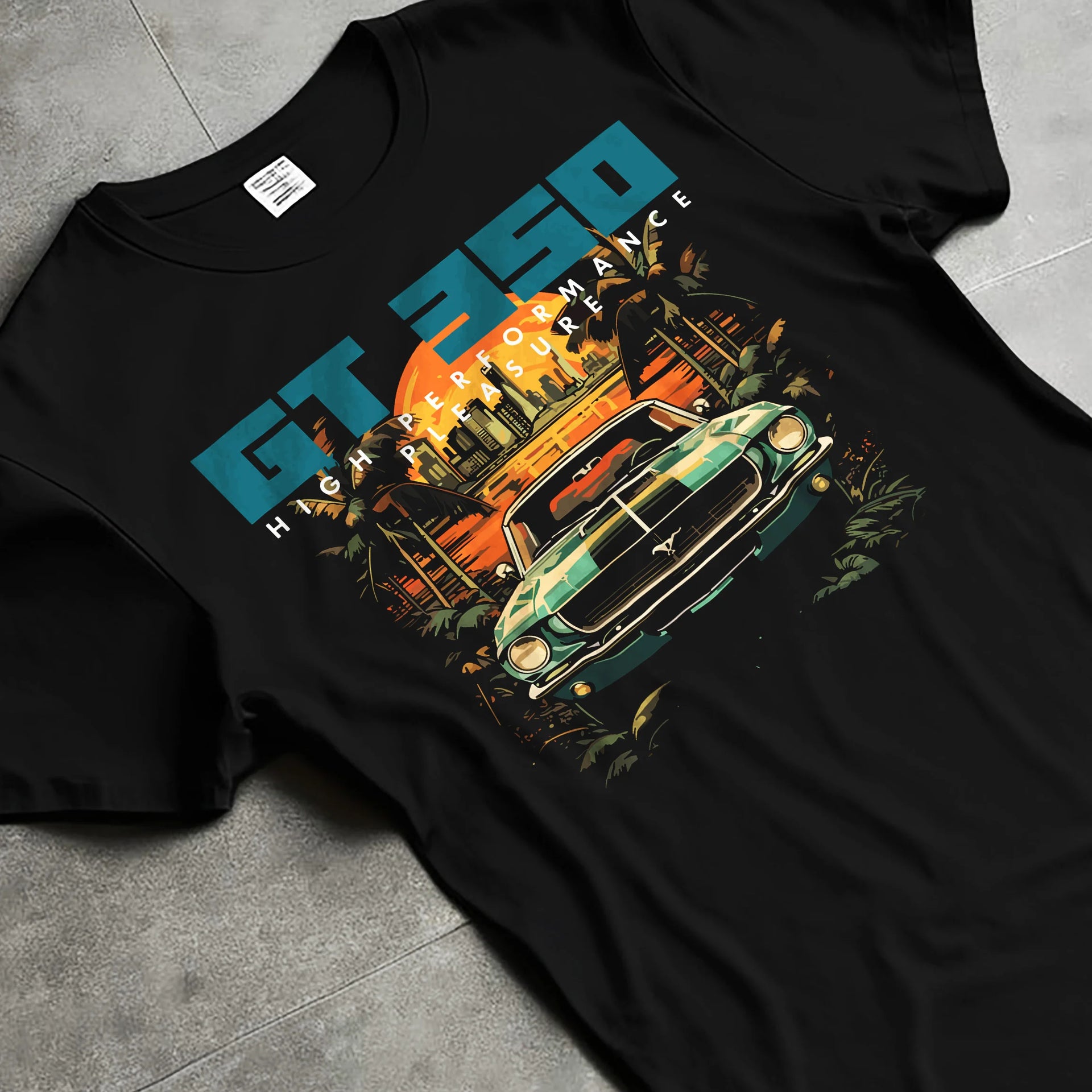Black T-shirt laid flat with natural fabric folds, featuring MUSTANG gt3 muscle street retro classic enthusiast racing graphic.