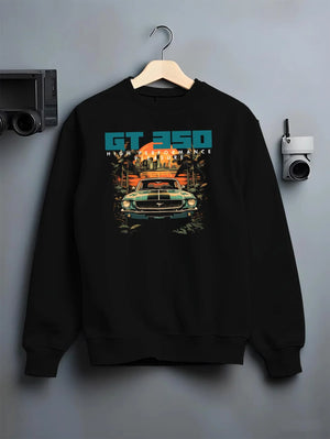 Black crewneck sweatshirt on a hanger against a grey wall, featuring MUSTANG gt3 muscle street retro classic enthusiast graphic.