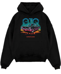 Black pullover hoodie laid flat on a white background, featuring Pontiac GTO muscle street retro vintage classic enthusiast gto65.