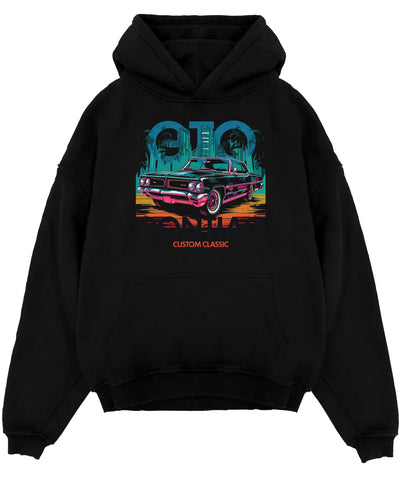 Black pullover hoodie laid flat on a white background, featuring Pontiac GTO muscle street retro vintage classic enthusiast gto65.