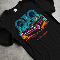 Black T-shirt laid flat with natural fabric folds, featuring Pontiac GTO muscle street retro vintage classic enthusiast gto65.