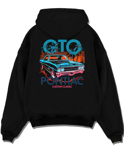 Black pullover hoodie laid flat on a white background, featuring Pontiac GTO muscle street retro vintage classic enthusiast graphic.