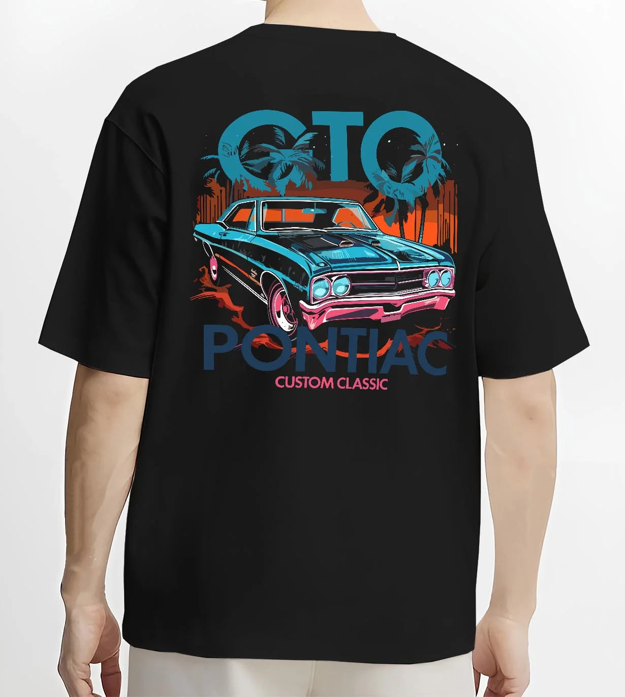 Black T-shirt worn by a male model, back view, featuring Pontiac GTO muscle street retro vintage classic enthusiast graphic.