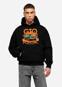 Black hoodie worn by a male model, front view, featuring Pontiac GTO rs muscle street retro vintage classic graphic.