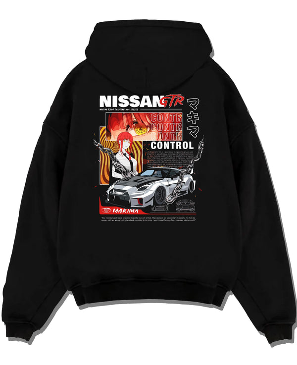 Black pullover hoodie laid flat on a white background, featuring Nissan Skyline R34 gtr r34 skyline turbo turbocharged graphic.