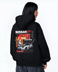 Black hoodie worn by a female model, back view, featuring Nissan Skyline R34 gtr r34 skyline turbo turbocharged racing graphic.
