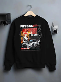 Black crewneck sweatshirt on a hanger against a grey wall, featuring Nissan Skyline R34 gtr r34 skyline turbo turbocharged graphic.