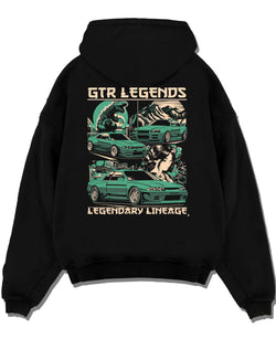 Black pullover hoodie laid flat on a white background, featuring SKYLINE gtr r32 r34 drift jdm street retro legend graphic.