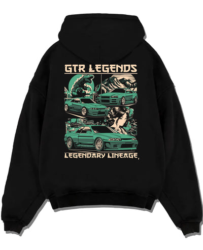 Black pullover hoodie laid flat on a white background, featuring SKYLINE gtr r32 r34 drift jdm street retro legend graphic.