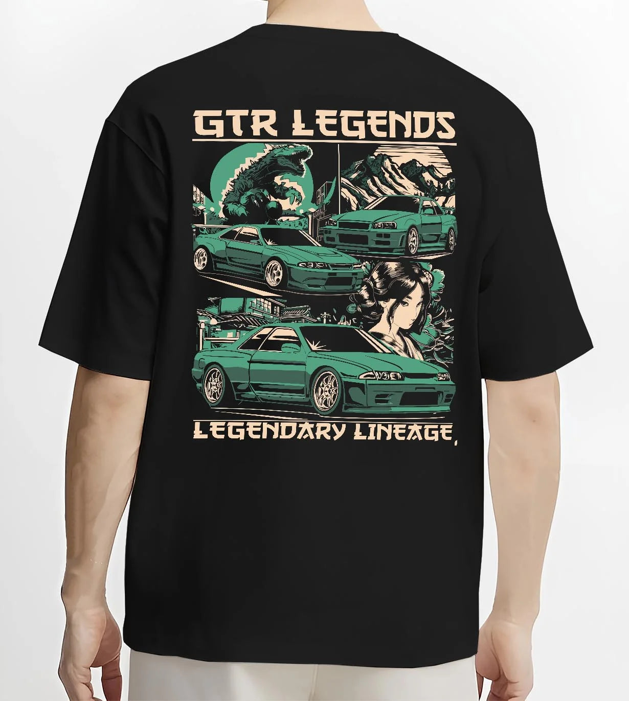 Black T-shirt worn by a male model, back view, featuring SKYLINE gtr r32 r34 drift jdm street retro legend legendary graphic.