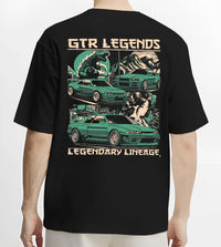 Black T-shirt worn by a male model, back view, featuring SKYLINE gtr r32 r34 drift jdm street retro legend legendary graphic.