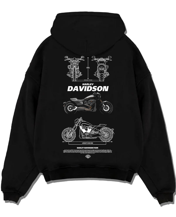 Black pullover hoodie laid flat on a white background, featuring Harley-Davidson Fxdr street retro enthusiast racing graphic.