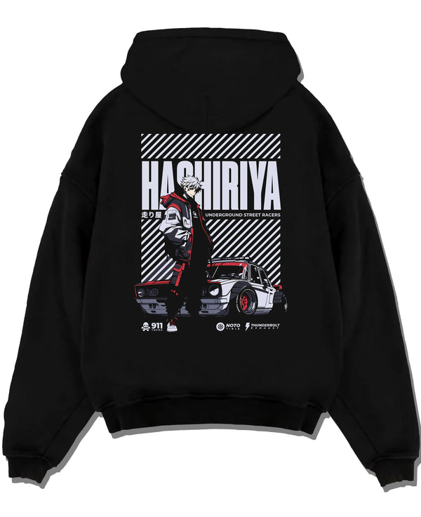Black pullover hoodie laid flat on a white background, featuring rs race drift jdm tokyo street underground racing graphic.