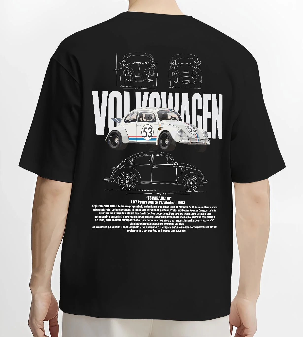 Black T-shirt worn by a male model, back view, featuring Volkswagen Beetle racing classic legend street performance graphic.
