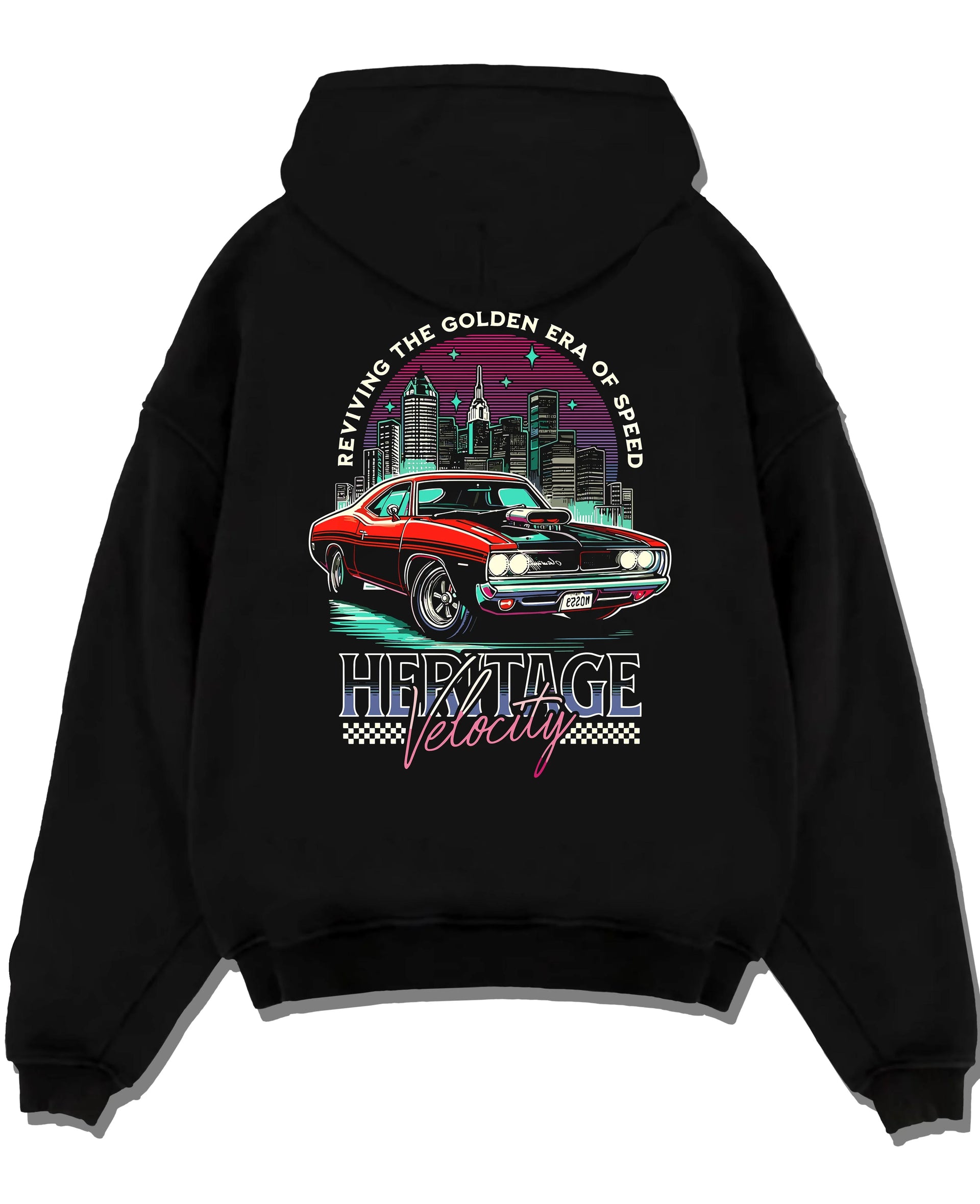 Black pullover hoodie laid flat on a white background, featuring Dodge Charger muscle retro racing street performance graphic.