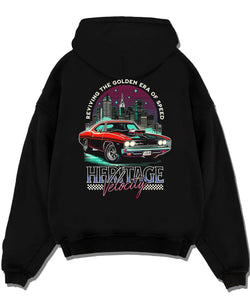 Black pullover hoodie laid flat on a white background, featuring Dodge Charger muscle retro racing street performance graphic.