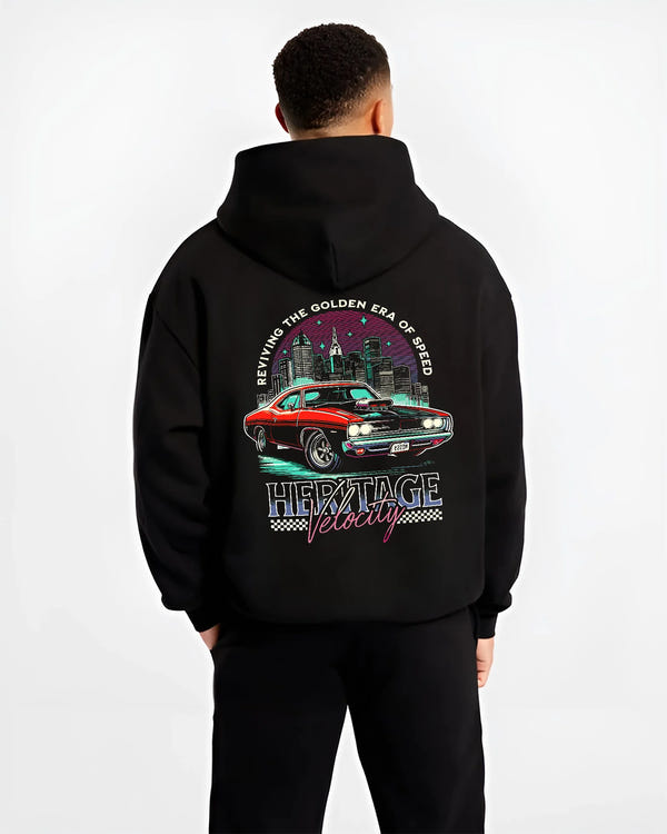 Black hoodie worn by a male model, back view, featuring Dodge Charger muscle retro racing street performance motorsport graphic.