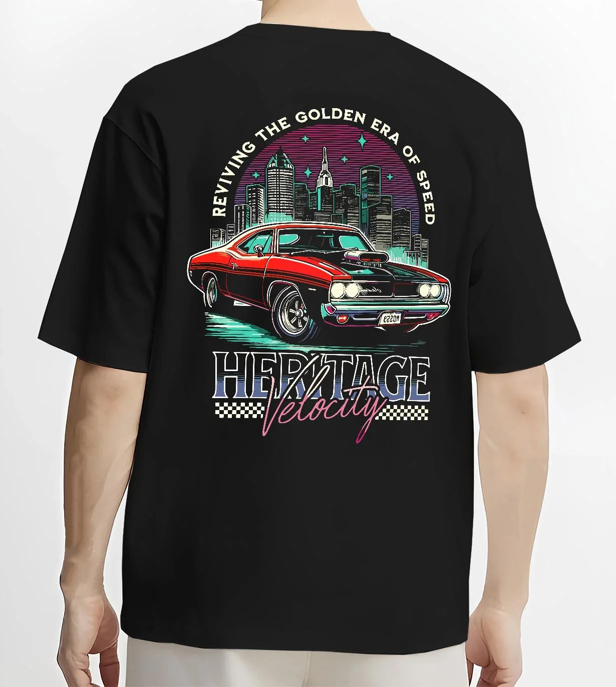 Black T-shirt worn by a male model, back view, featuring Dodge Charger muscle retro racing street performance motorsport graphic.