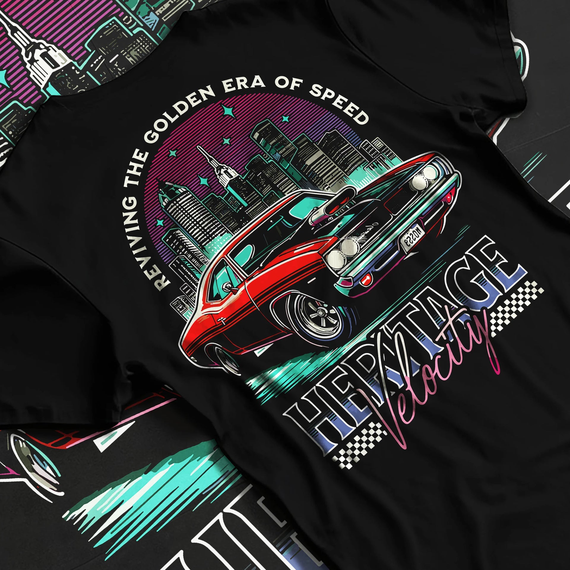 Black T-shirt laid flat with natural fabric folds, featuring Dodge Charger muscle retro racing street performance graphic.