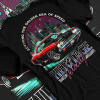 Black T-shirt laid flat with natural fabric folds, featuring Dodge Charger muscle retro racing street performance graphic.