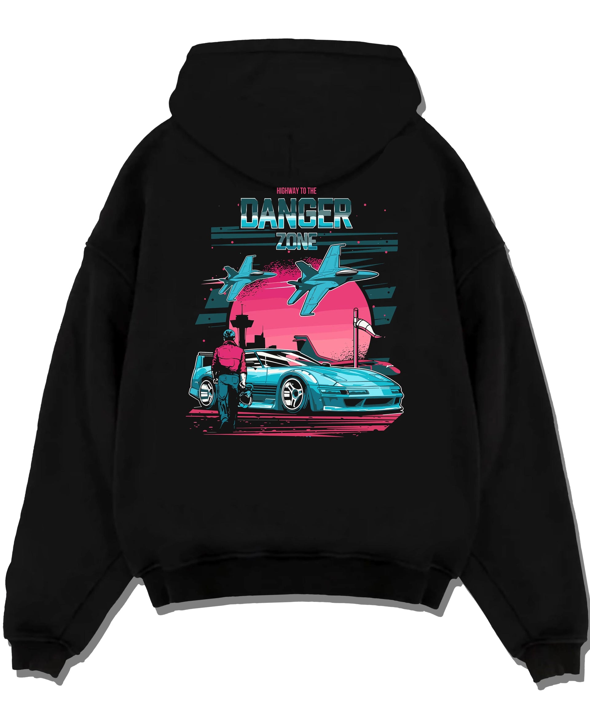 Black pullover hoodie laid flat on a white background, featuring ACURA NSX turbo race street racing performance motorsport graphic.