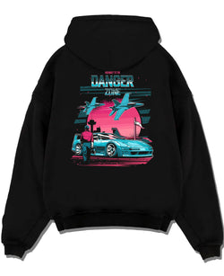 Black pullover hoodie laid flat on a white background, featuring ACURA NSX turbo race street racing performance motorsport graphic.