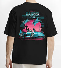 Black T-shirt worn by a male model, back view, featuring ACURA NSX turbo race street racing performance motorsport graphic.