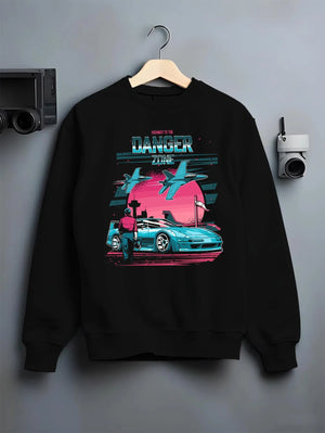 Black crewneck sweatshirt on a hanger against a grey wall, featuring ACURA NSX turbo race street racing performance graphic.
