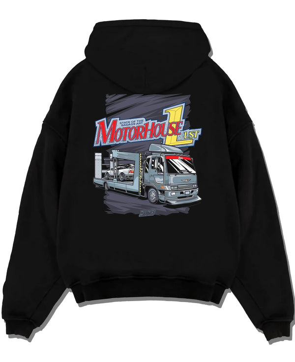 Black pullover hoodie laid flat on a white background, featuring rs drift japanese racing street performance motorsport graphic.
