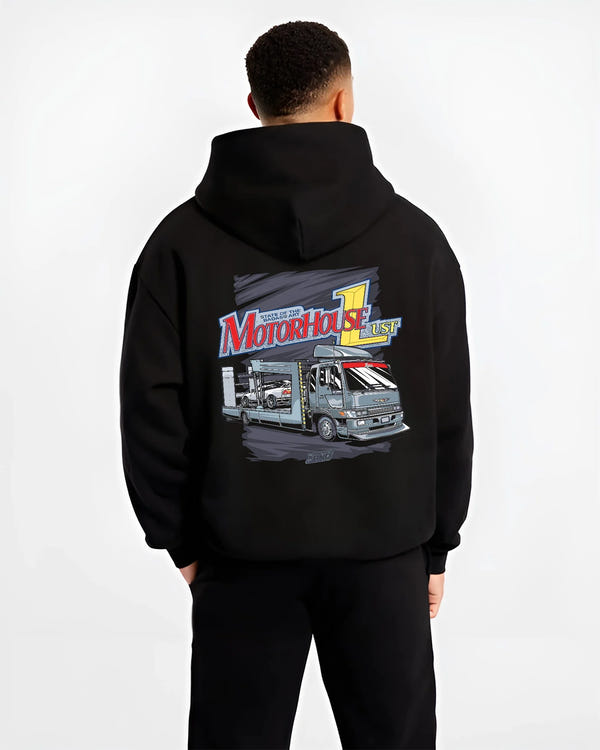 Black hoodie worn by a male model, back view, featuring rs drift japanese racing street performance motorsport automotive graphic.