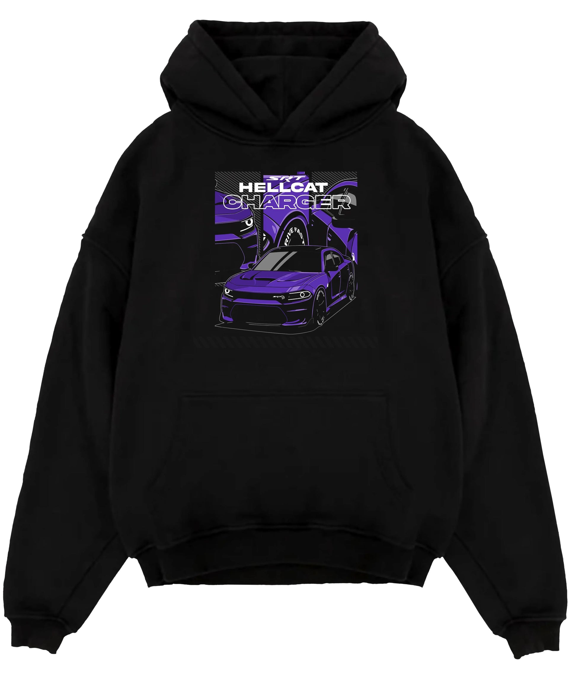 Black pullover hoodie laid flat on a white background, featuring Dodge Charger Hellcat hellcat srt charger racing muscle graphic.
