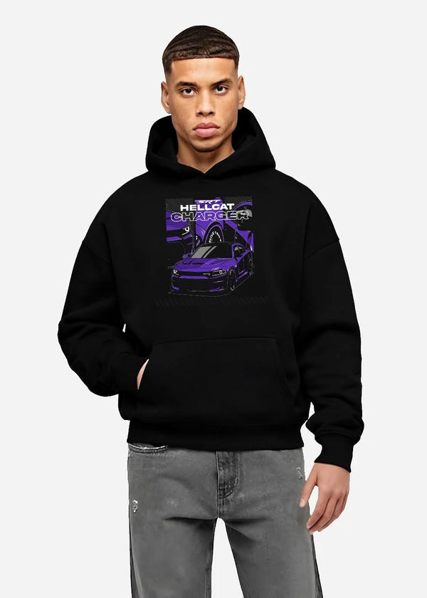 Black hoodie worn by a male model, front view, featuring Dodge Charger Hellcat hellcat srt charger racing muscle street graphic.